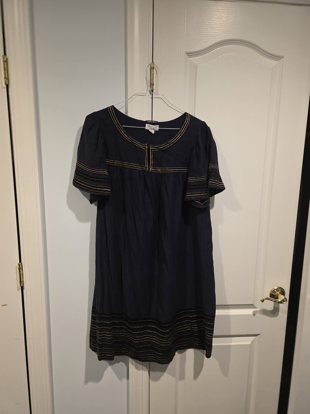 Navy Short-Sleeve Embroidered Mini Dress